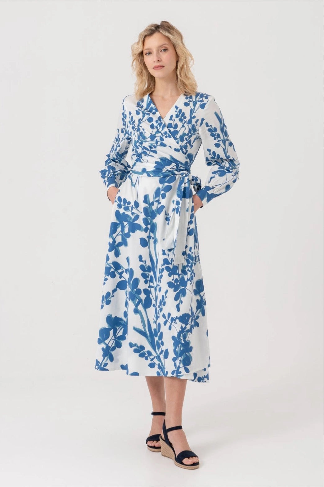 Blue Leaf Print Wrap Dress – Size S