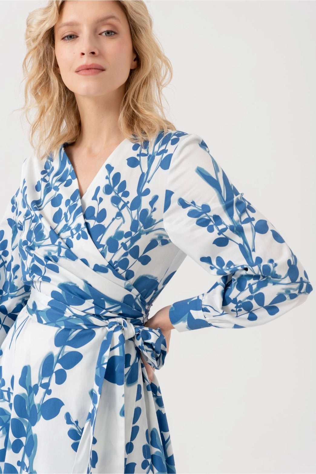Blue Leaf Print Wrap Dress – Size S