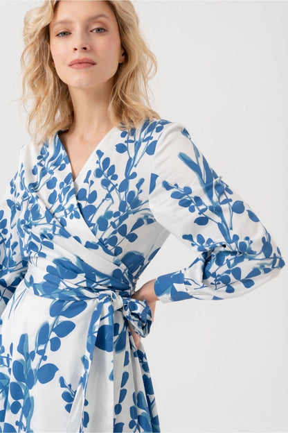 Blue Leaf Print Wrap Dress – Size S