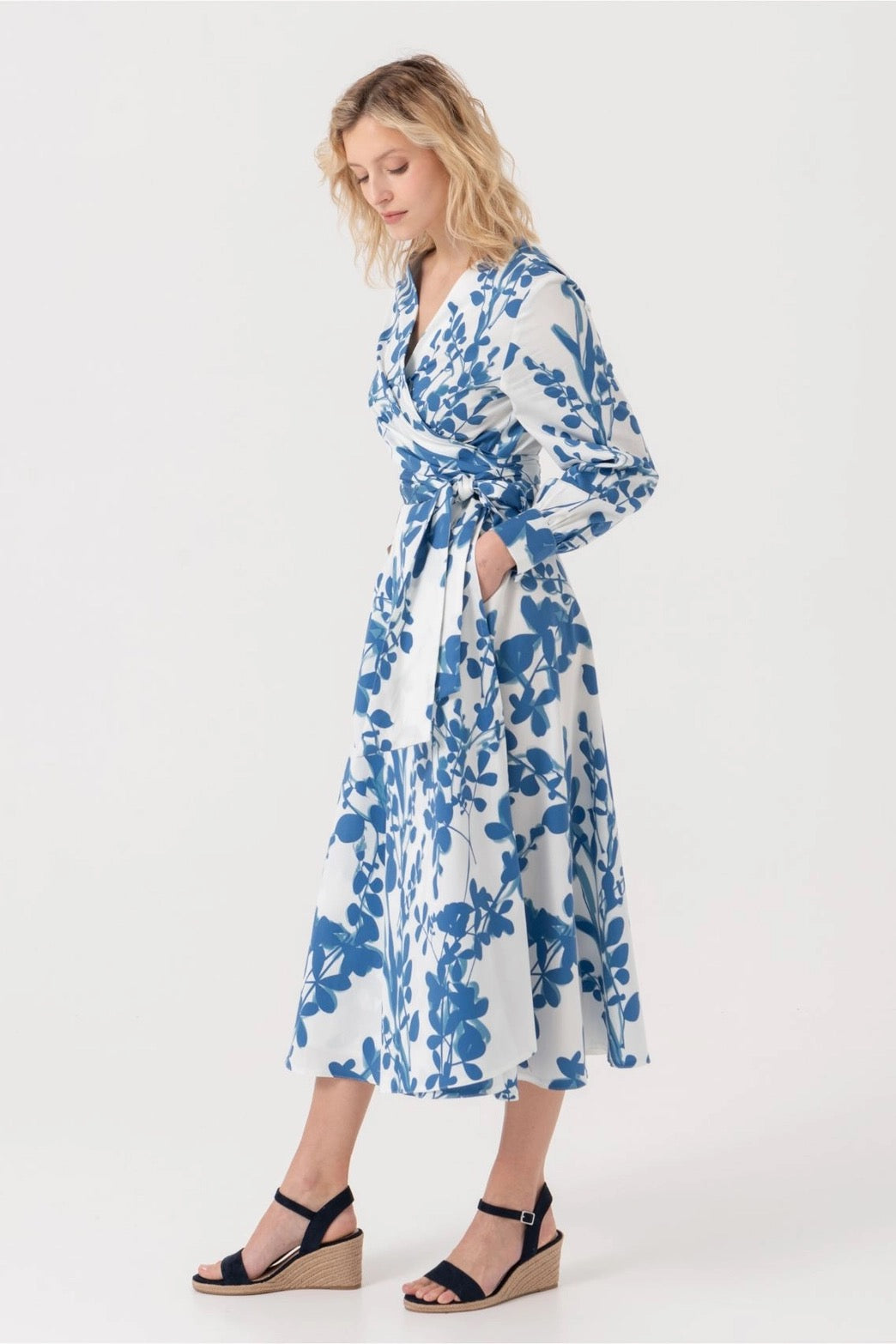 Blue Leaf Print Wrap Dress – Size S