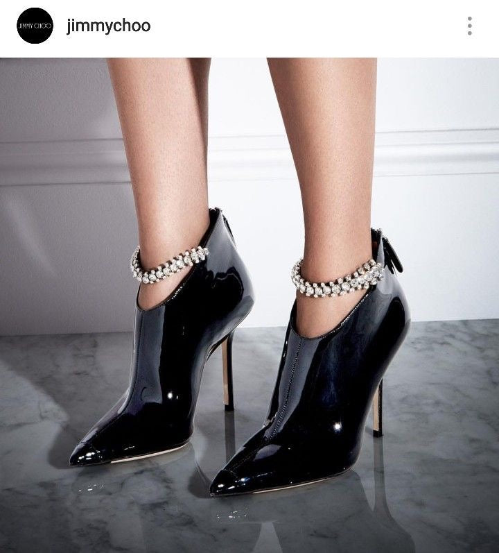 Jimmy Choo Black Patent Leather Ankle Boots – Crystal Embellishments Size: EU 40