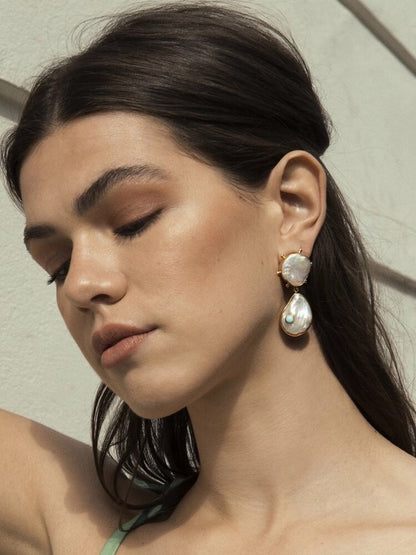 Rebel Rebel Statement Earrings – 18K Gold-Plated Silver – Pearls & Turquoise