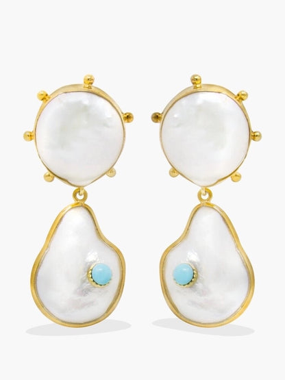 Rebel Rebel Statement Earrings – 18K Gold-Plated Silver – Pearls & Turquoise