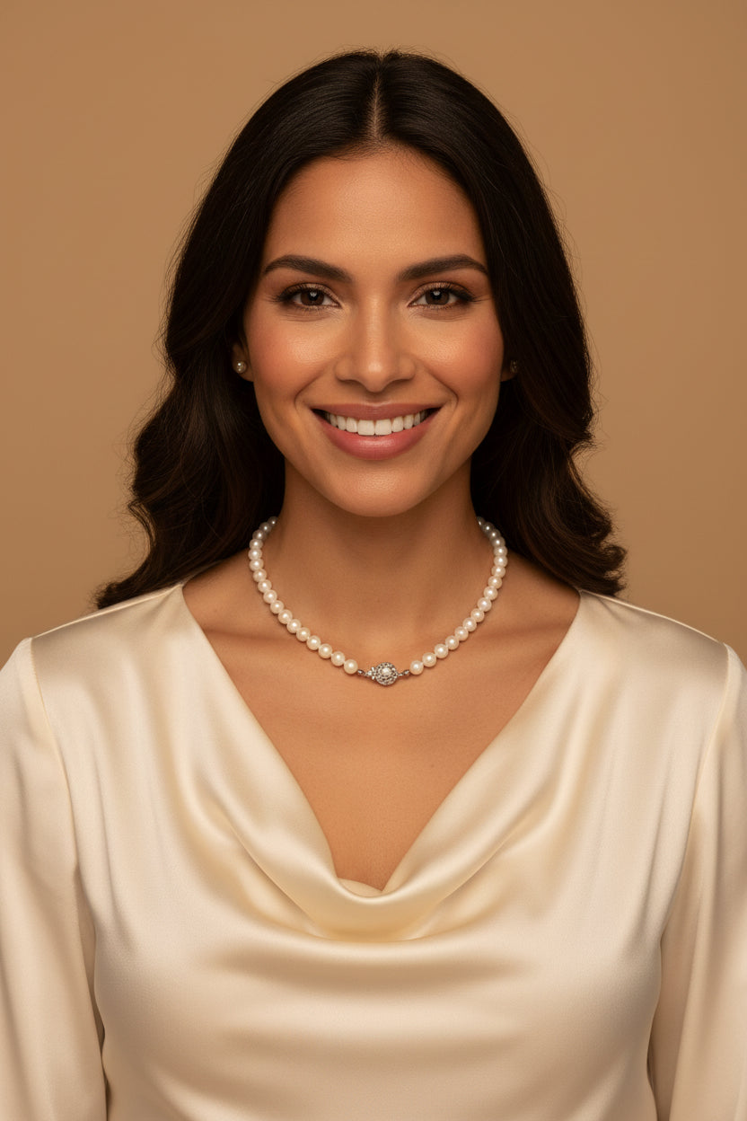 Vintage Single-Strand Pearl Necklace – 46 cm – 835 Silver Clasp – Silver &amp; Cream