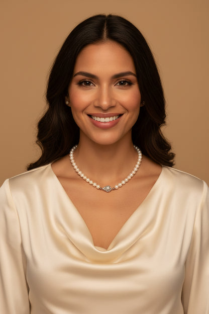 Vintage Single-Strand Pearl Necklace – 46 cm – 835 Silver Clasp – Silver &amp; Cream