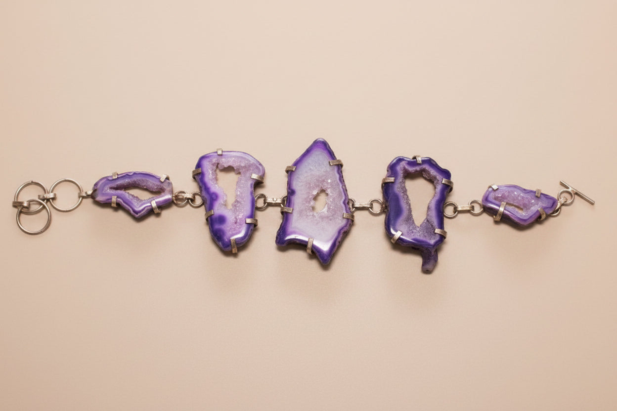 925 Sterling Silver Bracelet – Purple Agate – 23 cm – New Without Tags