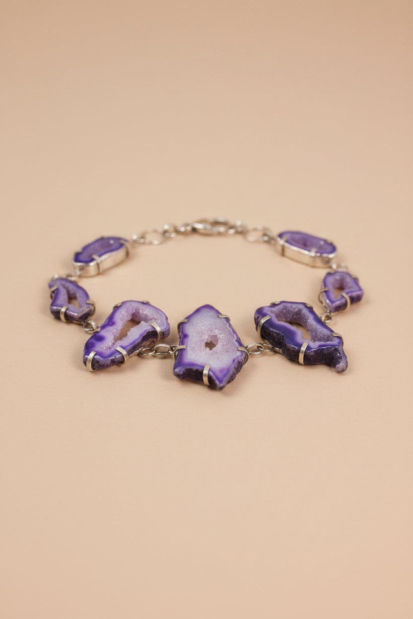 925 Sterling Silver Bracelet – Purple Agate – 23 cm – New Without Tags
