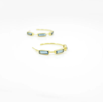 Gold-Plated 925 Silver Baguette Hoop Earrings – Blue Iolite –