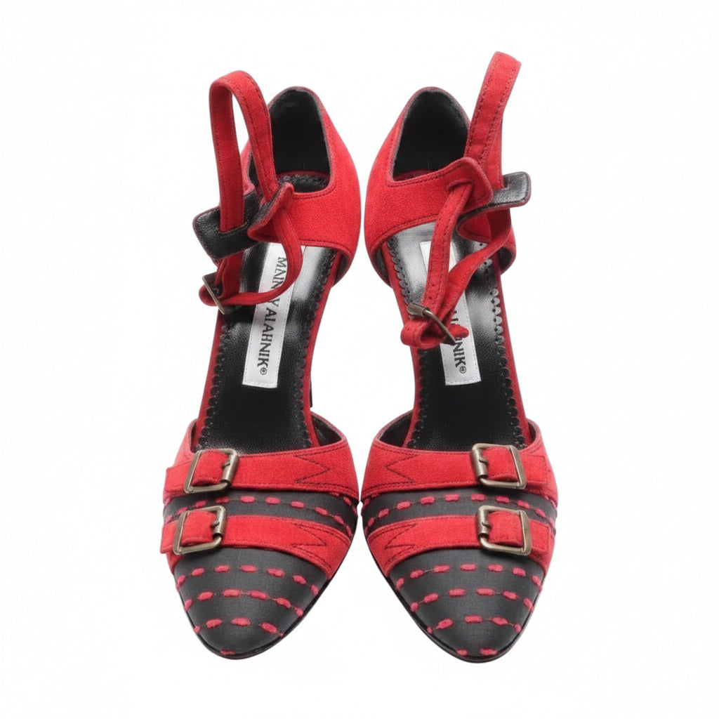 Manolo Blahnik — Red & Black Suede Buckle Pumps