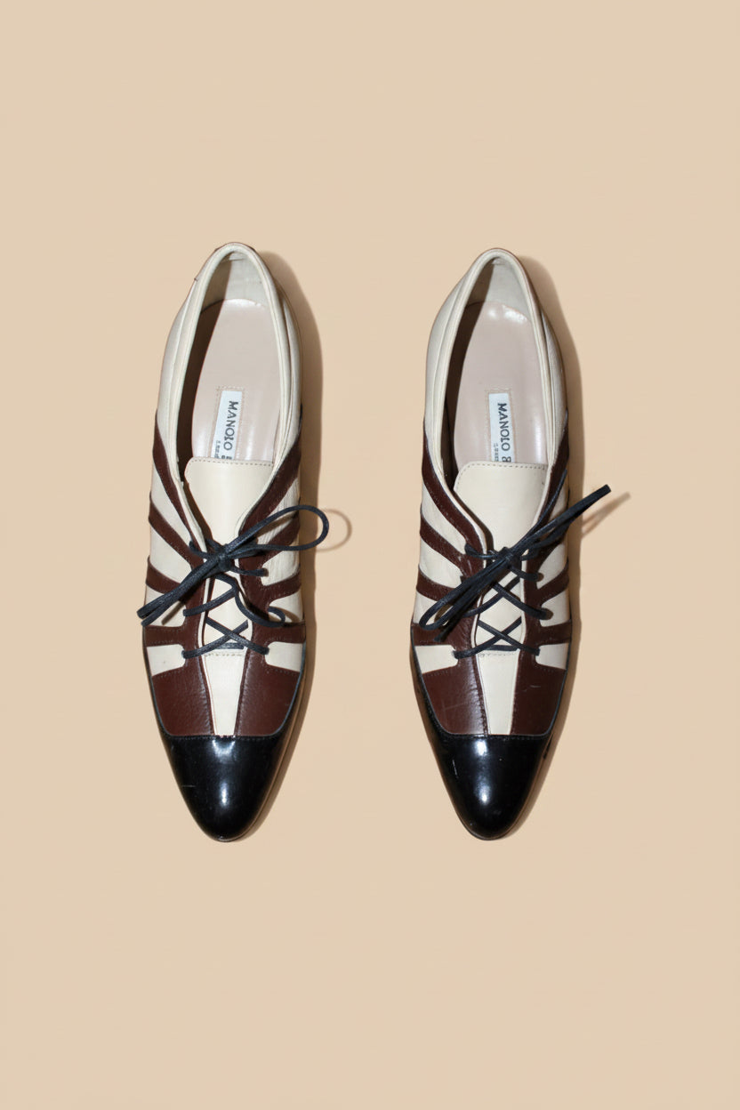 Manolo Blahnik — Tricolor Lace-Up Ankle Booties Size 40