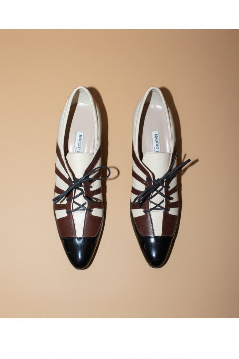 Manolo Blahnik — Tricolor Lace-Up Ankle Booties Size 40
