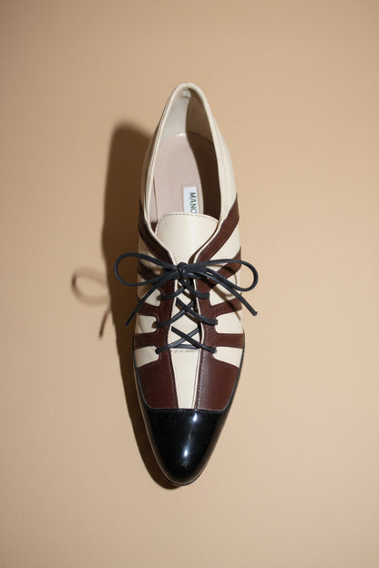 Manolo Blahnik — Tricolor Lace-Up Ankle Booties Size 40