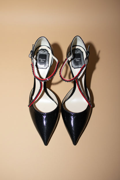 CHRISTIAN DIOR CHRISTIAN DIOR BLACK CRACKLED LEATHER CRYSTAL STRAP PUMPS