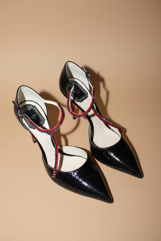 CHRISTIAN DIOR CHRISTIAN DIOR BLACK CRACKLED LEATHER CRYSTAL STRAP PUMPS