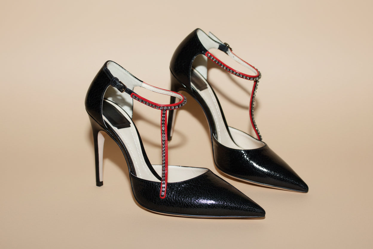 CHRISTIAN DIOR CHRISTIAN DIOR BLACK CRACKLED LEATHER CRYSTAL STRAP PUMPS