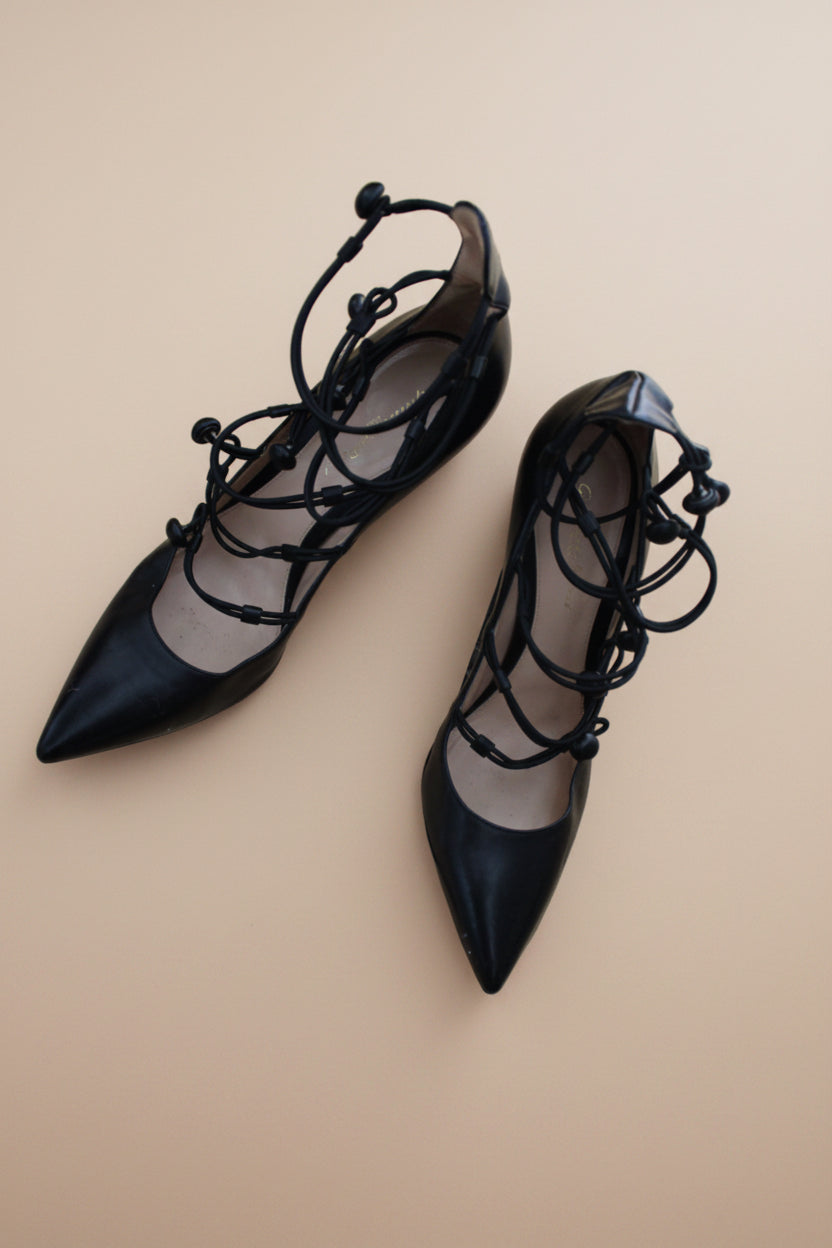 Gianvito Rossi — Pointed-Toe Leather Pumps with Beaded Lace-Up Ankle in Black Size 39.5