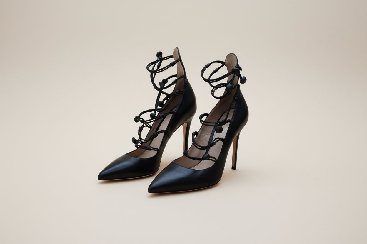 Gianvito Rossi — Pointed-Toe Leather Pumps with Beaded Lace-Up Ankle in Black Size 39.5