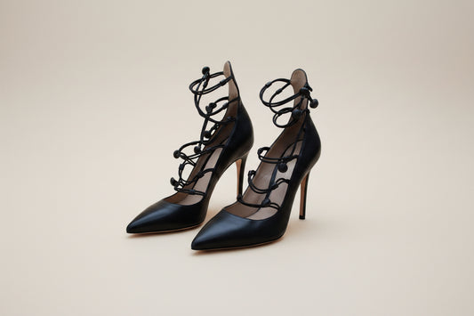 Gianvito Rossi — Pointed-Toe Leather Pumps with Beaded Lace-Up Ankle in Black Size 39.5