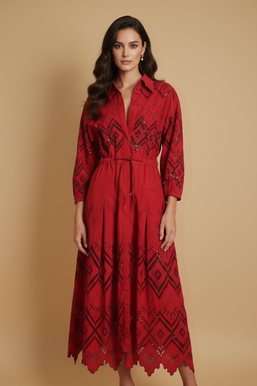 Hermès Paris Broderie Anglaise Cotton Shirt Dress – Red – Size EU 34/38