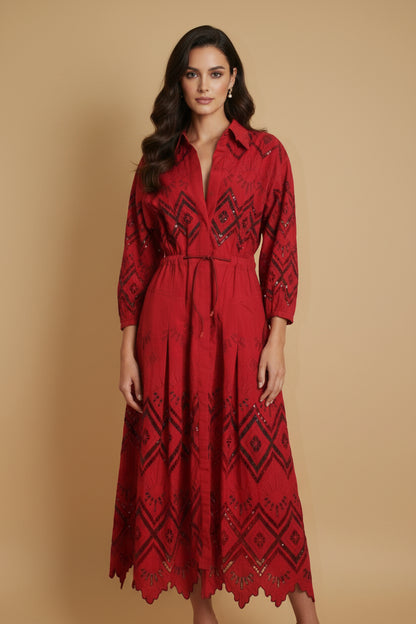 Hermès Paris Broderie Anglaise Cotton Shirt Dress – Red – Size EU 34/38