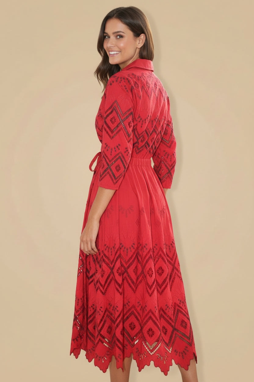 Hermès Paris Broderie Anglaise Cotton Shirt Dress – Red – Size EU 34/38