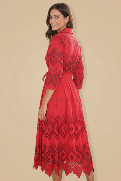 Hermès Paris Broderie Anglaise Cotton Shirt Dress – Red – Size EU 34/38