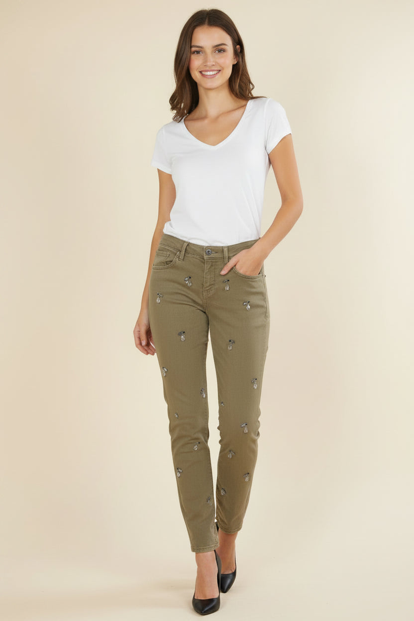 PINKO Jeans– Khaki Green – Pearl Embellishments – Size 38 / M