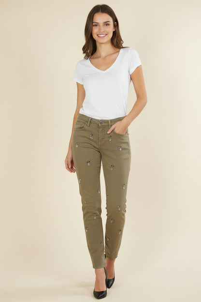 PINKO Jeans– Khaki Green – Pearl Embellishments – Size 38 / M