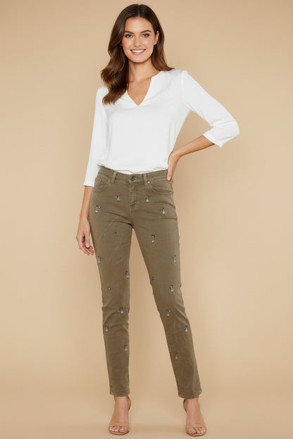 PINKO Jeans– Khaki Green – Pearl Embellishments – Size 38 / M