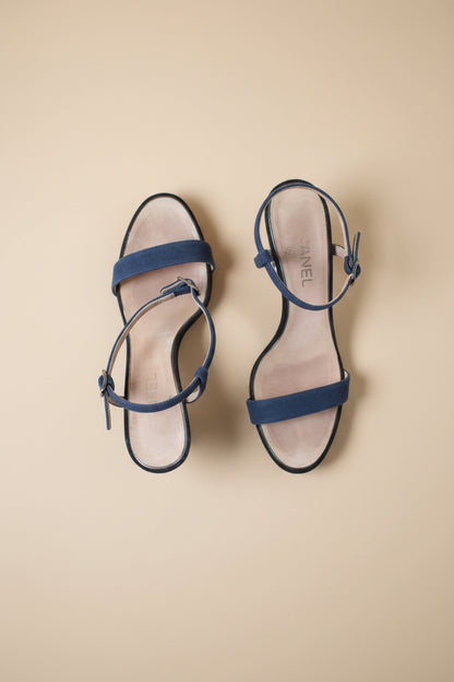 Chanel Camellia Heel Sandals – Denim-Weave Straps – Size EU 40