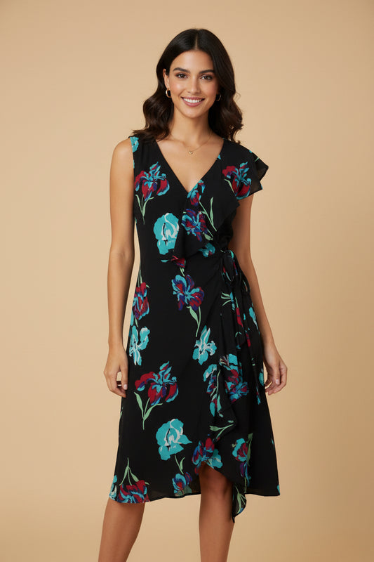 Diane von Furstenberg Silk Jersey Floral Dress – Black Multi – Size EU 36