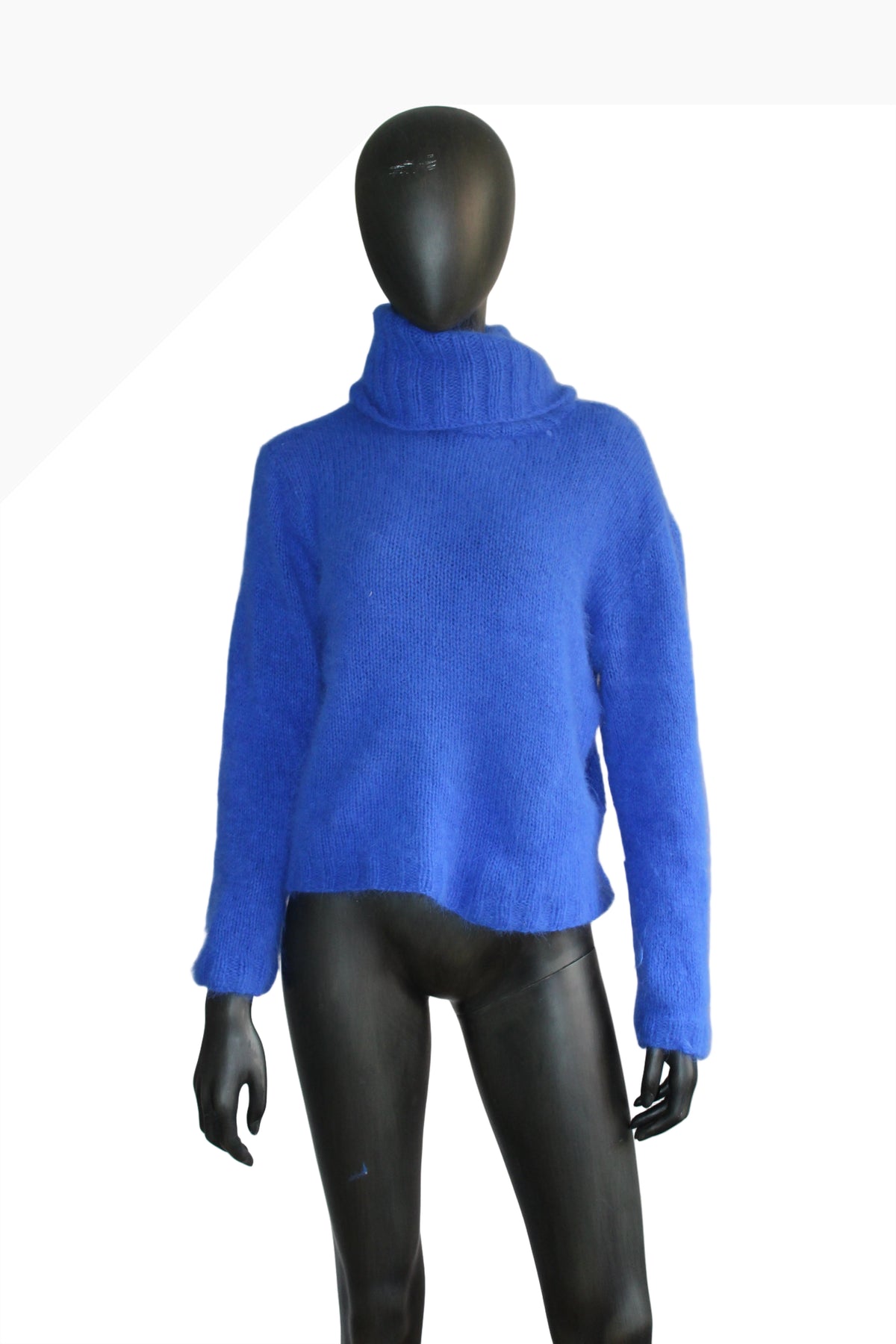 Handmade 100% Angora Turtleneck Sweater – Blue, Size XS (EU 34)