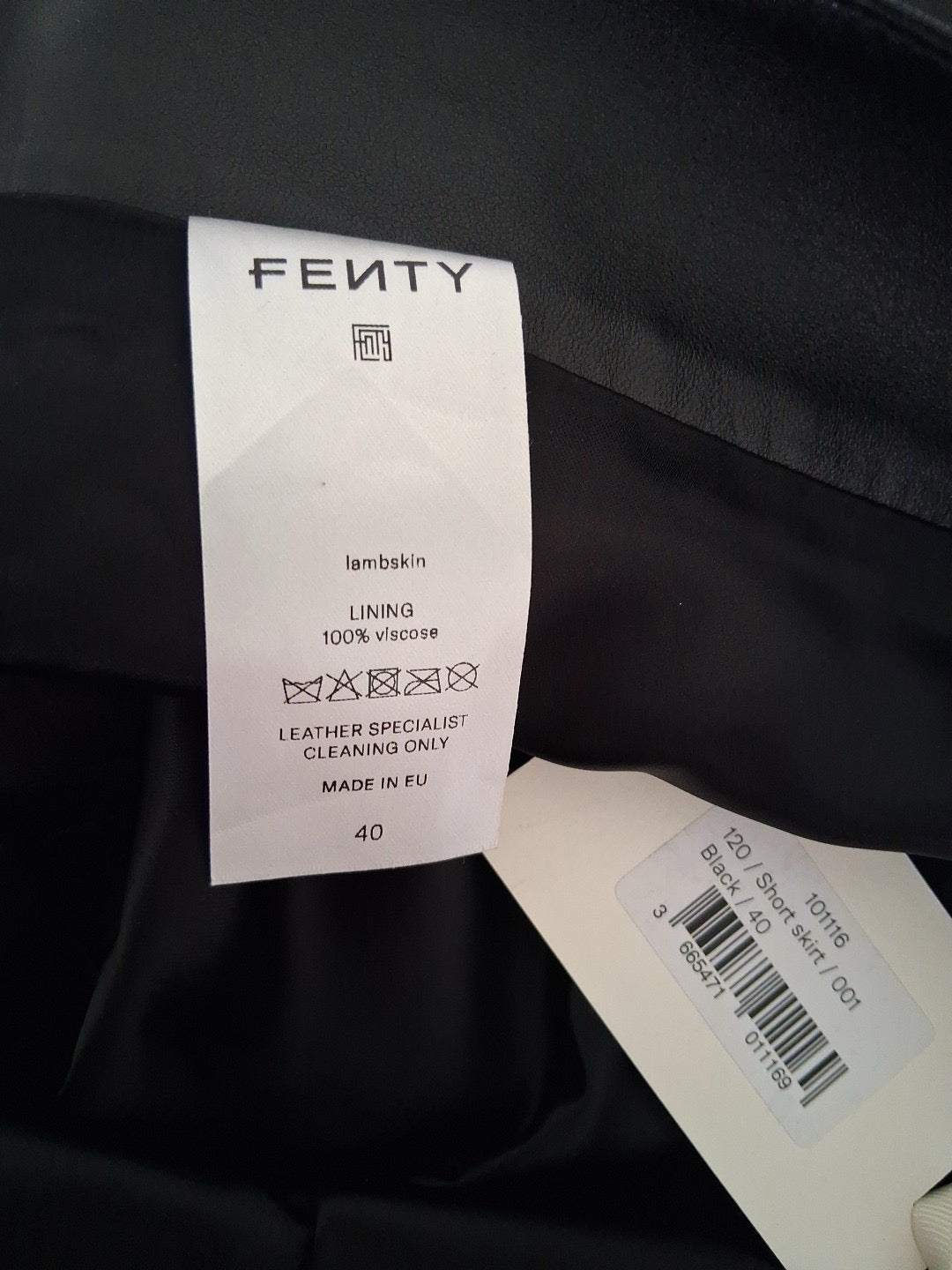 FENTY lambskin skirt — care label showing size 40, Made in EU