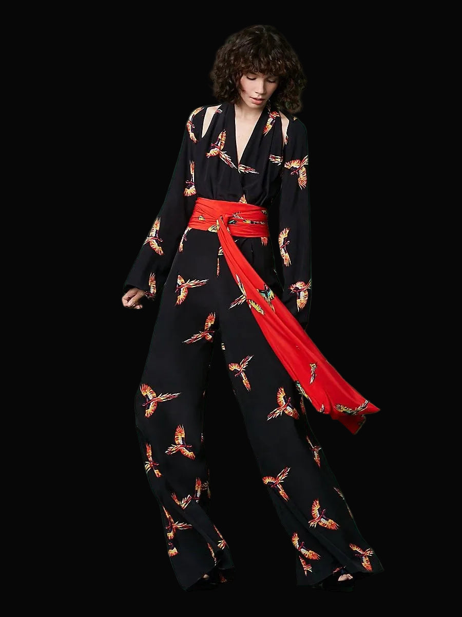 Diane von Furstenberg parrot print silk wrap jumpsuit — rent from Laura Messerschmitt, Berlin stylist