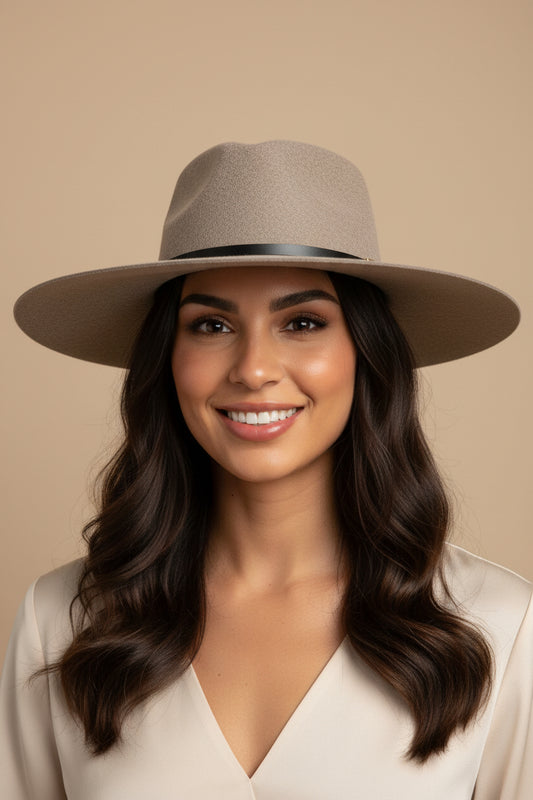 Gucci rabbit felt wide-brim hat in beige — angled view showing silhouette