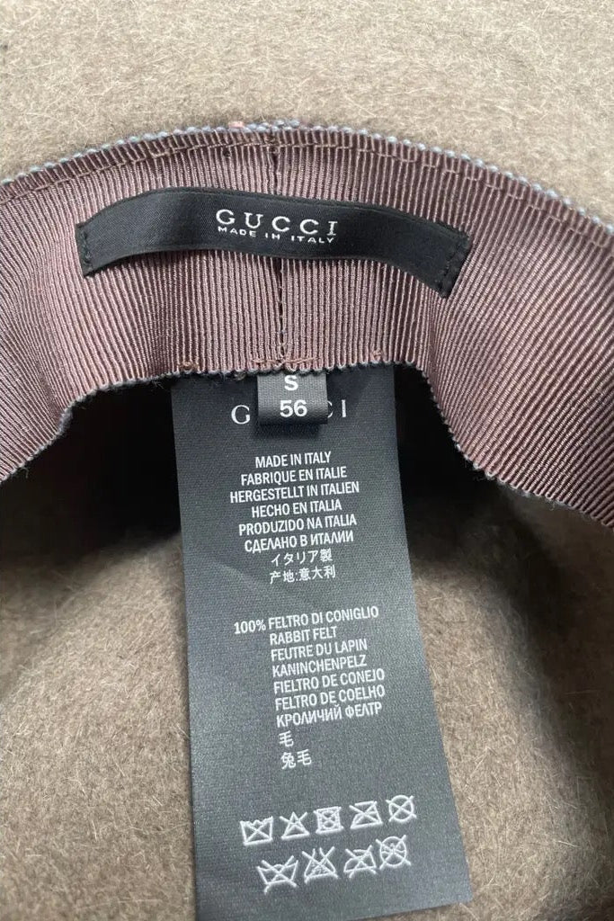 Gucci hat — interior label showing GUCCI Made in Italy, size S 56, 100% rabbit felt