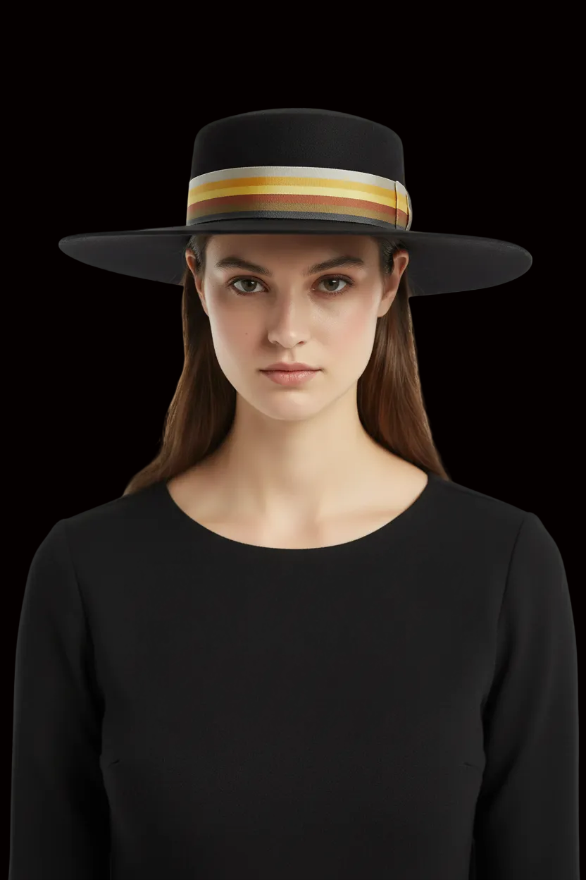Christian Dior vintage wool wide-brim hat with rainbow band — rent from Laura Messerschmitt, Berlin stylist