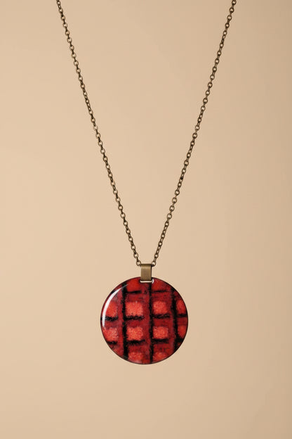 Vintage Brass Necklace with Large Double-Sided Enameled Pendant