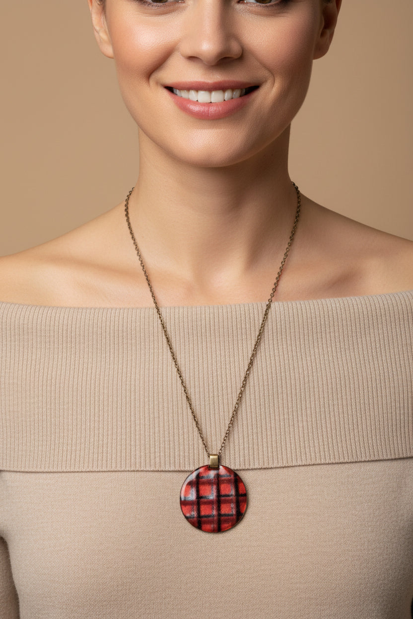 Vintage Brass Necklace with Large Double-Sided Enameled Pendant