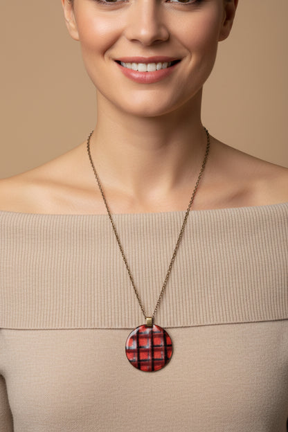 Vintage Brass Necklace with Large Double-Sided Enameled Pendant