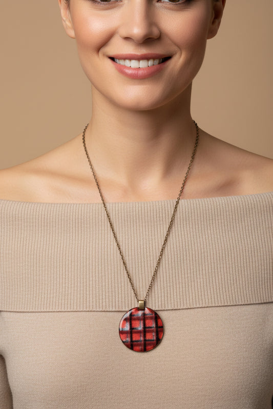 Vintage Brass Necklace with Large Double-Sided Enameled Pendant