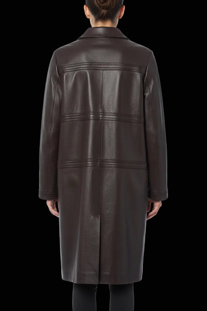 Céline leather coat — back view with horizontal perforated bands