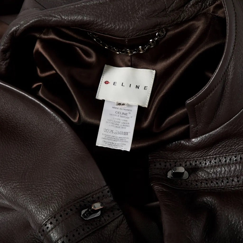 Céline leather coat — interior label showing CELINE, size 44, 100% deer, Made in France
