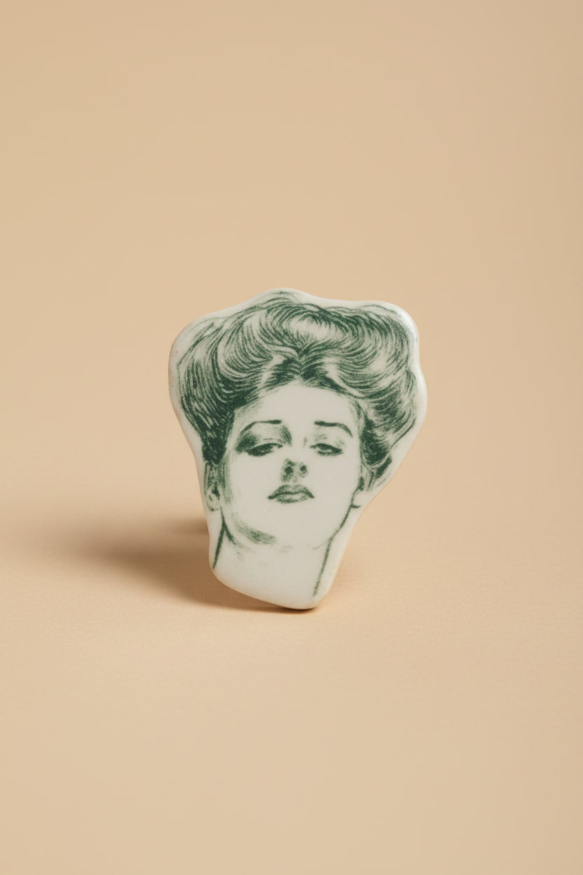 Vintage 1970s Woman Face Brooch – Cream & Gray – Rare Retro Statement Pin