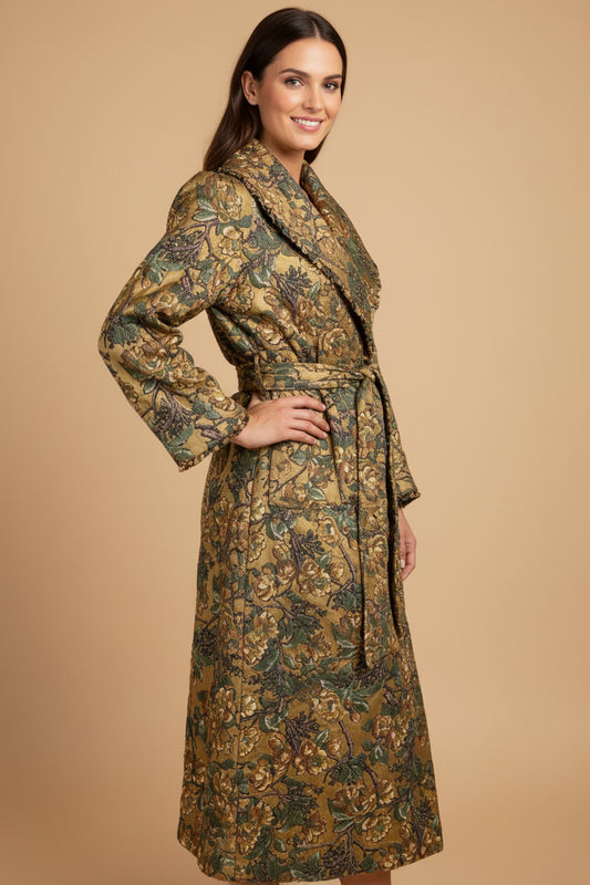 Rare Vintage Spafford Jones Housecoat – 1930s–1950s – Gold & Green Floral Print