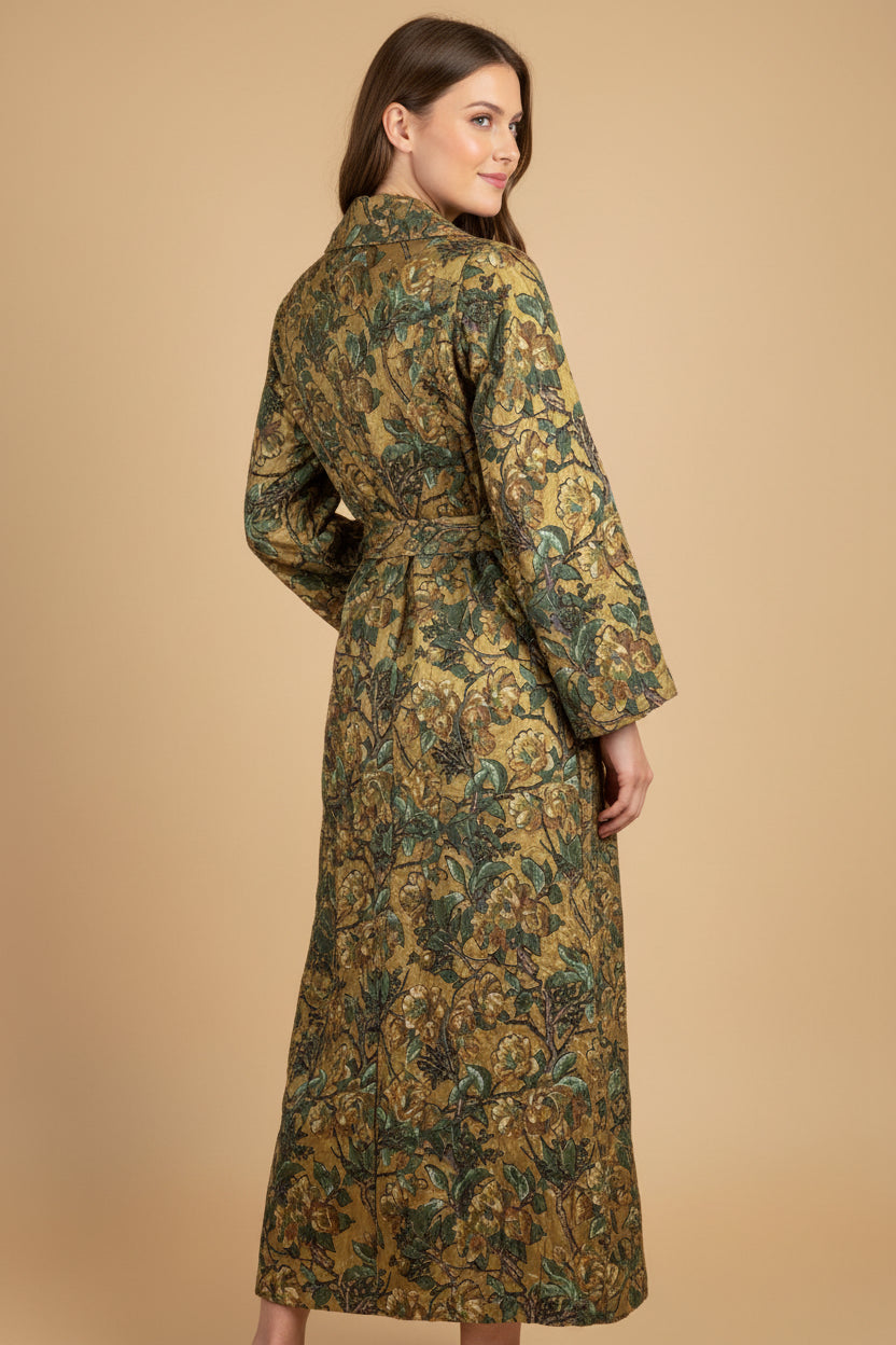 Rare Vintage Spafford Jones Housecoat – 1930s–1950s – Gold & Green Floral Print