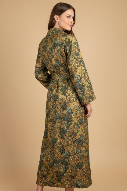 Rare Vintage Spafford Jones Housecoat – 1930s–1950s – Gold & Green Floral Print