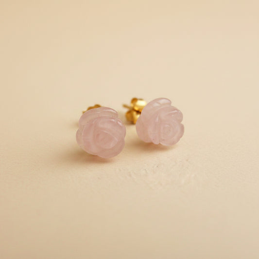 925 Sterling Silver Gold-Plated Rose Quartz Rose Flower Stud Earrings – 8 mm Pink Blossom