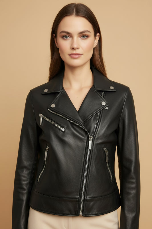 Tommy Hilfiger Women's Biker Jacket – Genuine Lamb Leather – Black – Size M