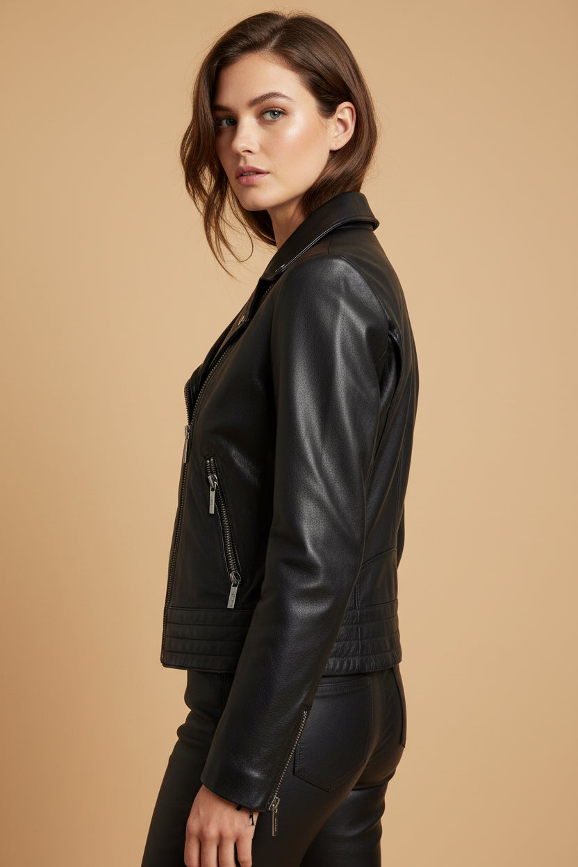Tommy Hilfiger Women's Biker Jacket – Genuine Lamb Leather – Black – Size M